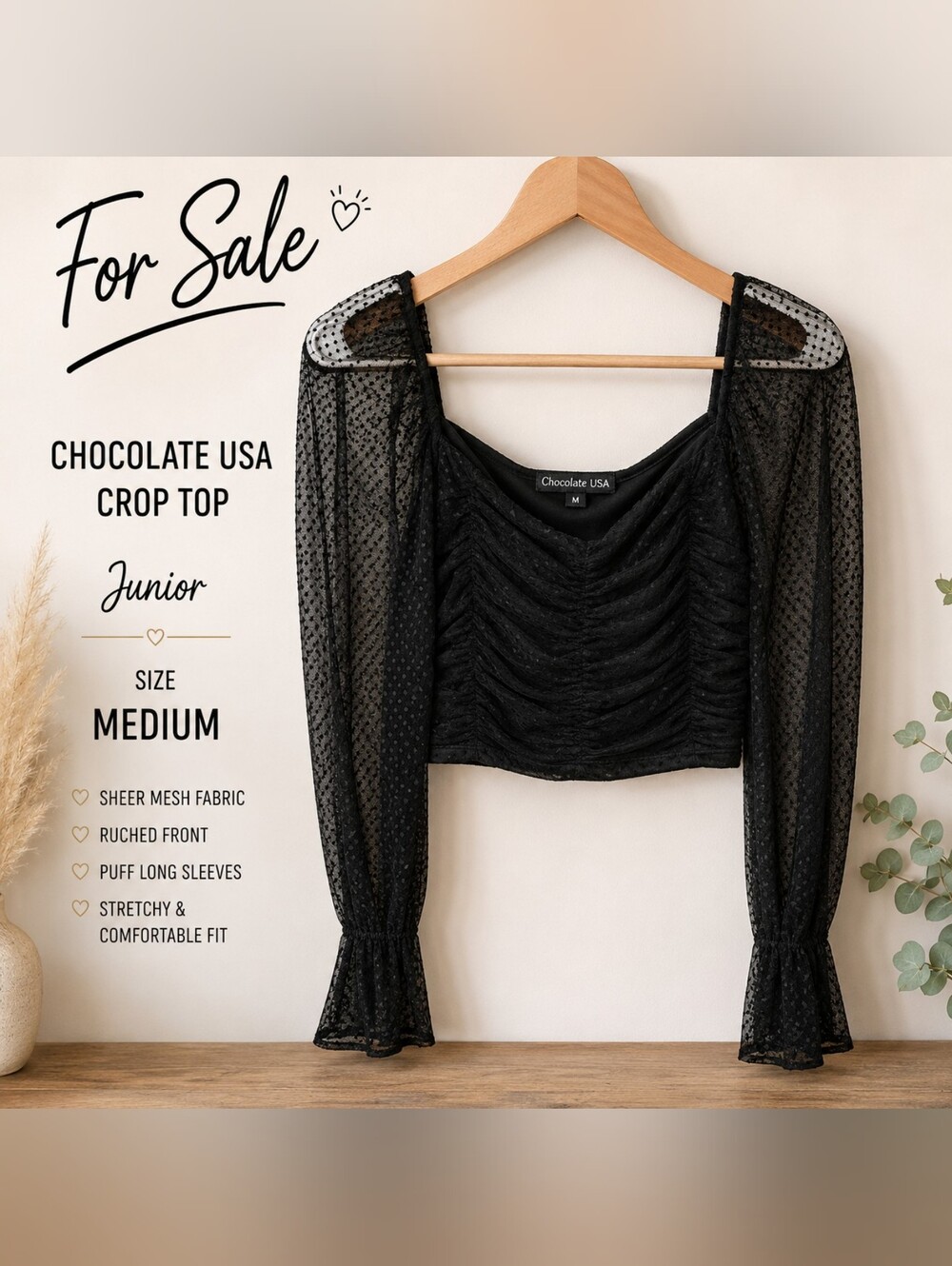 Chocolate Black Ruched Sheer-Dot Long Sleeve Crop Top